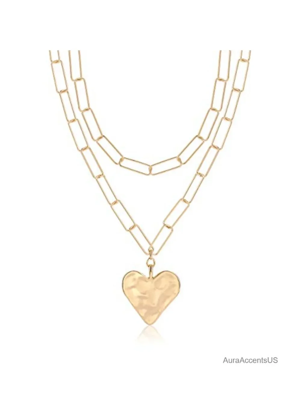 Layered Paper Clip Chain Choker Necklace Hammered Heart Pendant Gold Minimalist